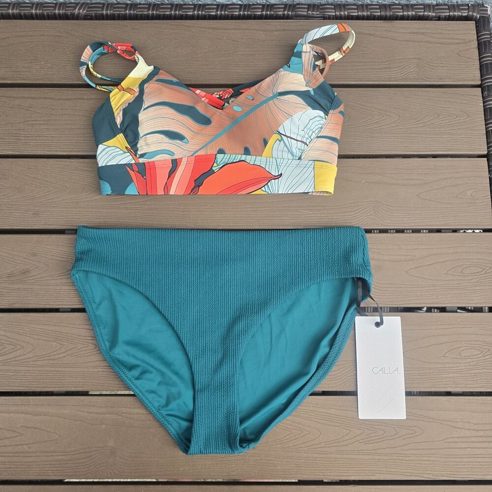 CALIA Women's Floral Botanical Strappy Top &  Crinkle Bikini Sz S New No Tag
